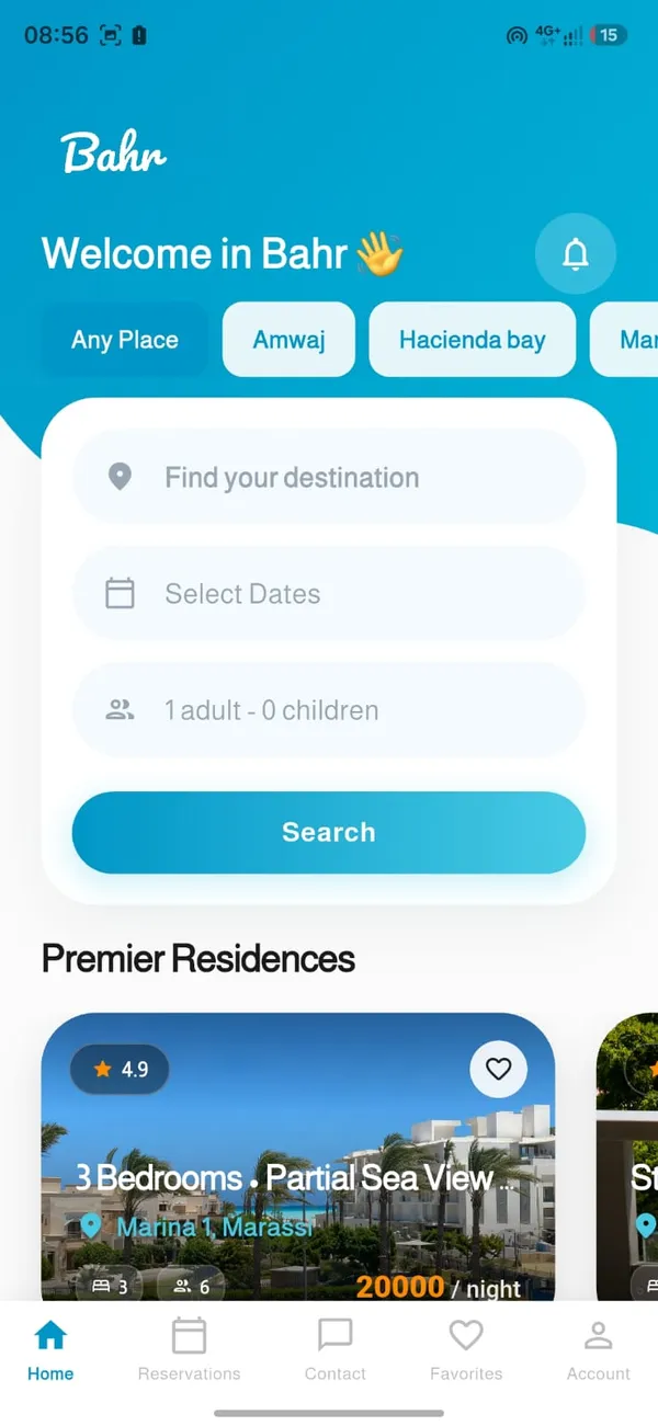 Home screen with destination search and featured units