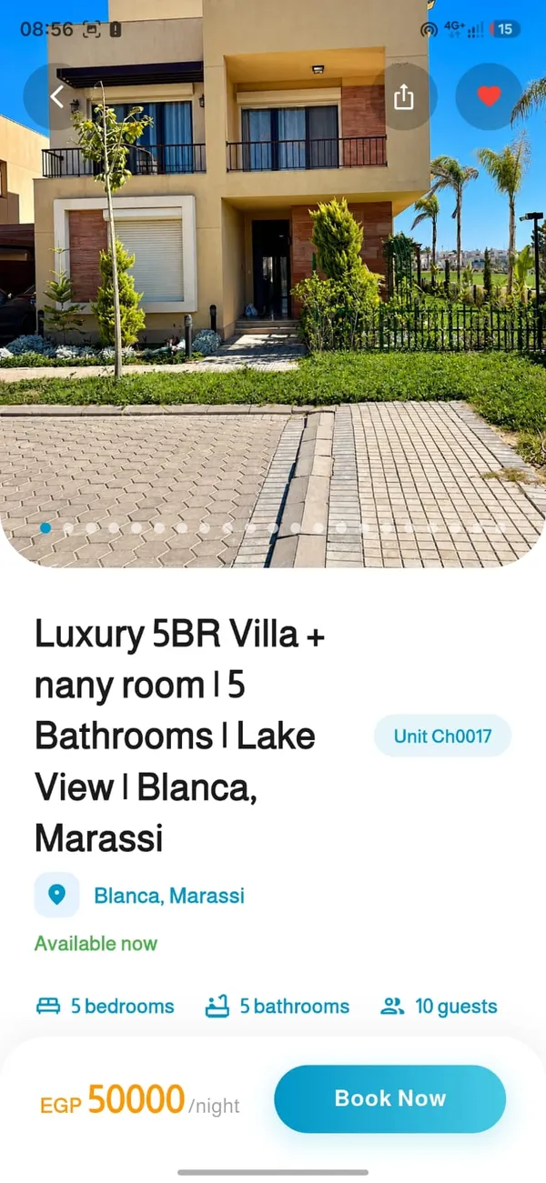 Chalet detail page with photos, room count, and price