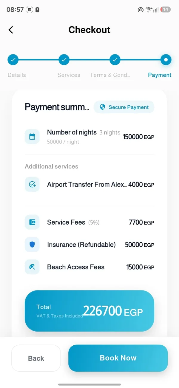 Payment summary with nightly rate, fees, and total
