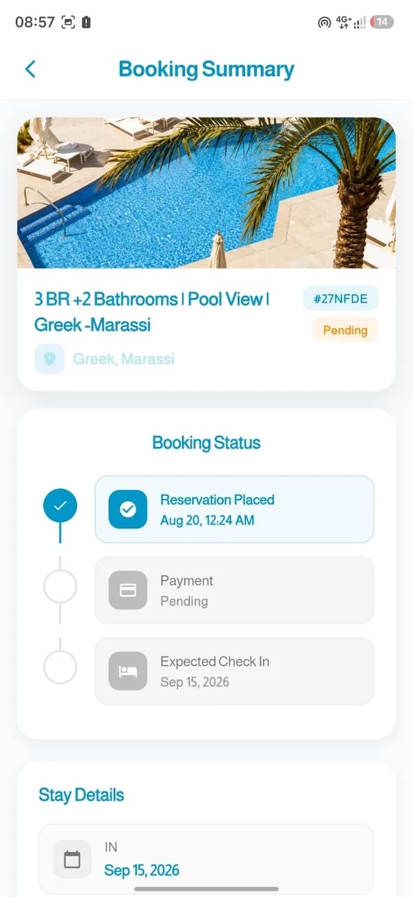 Booking confirmation with status timeline
