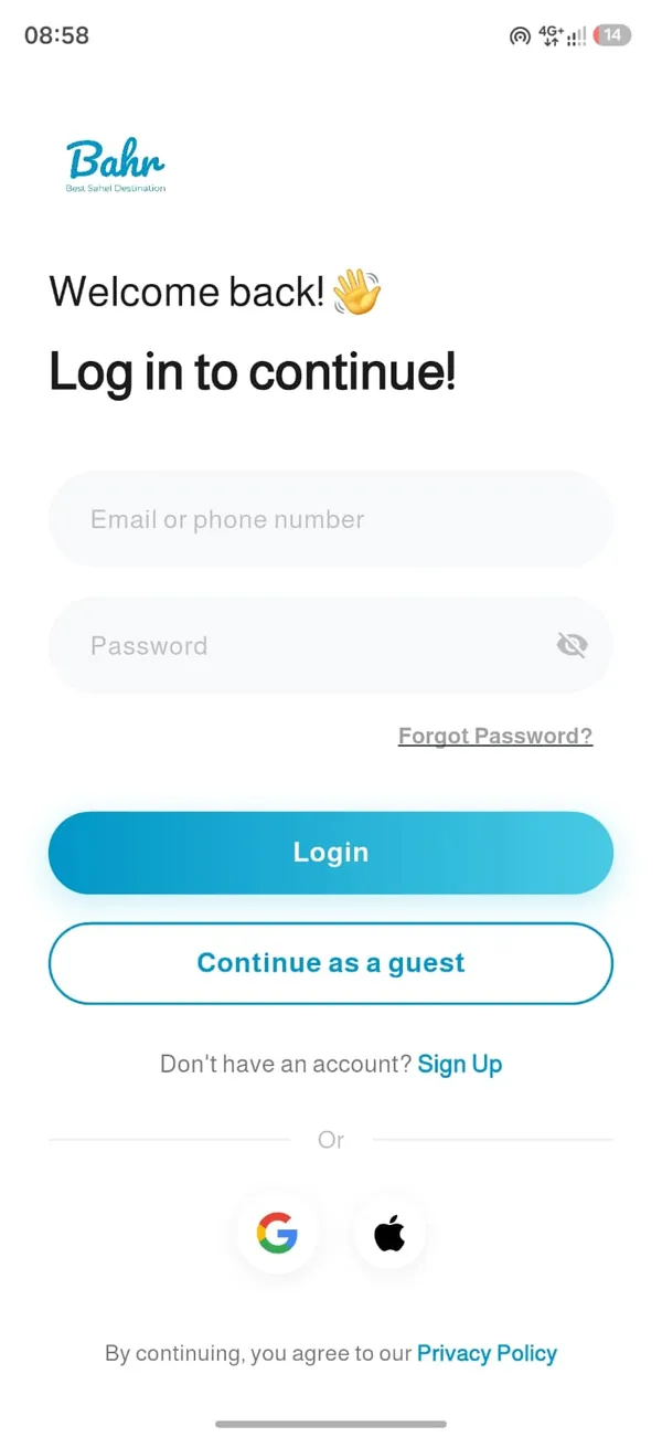 Login screen with email/phone, Google, and Apple sign-in